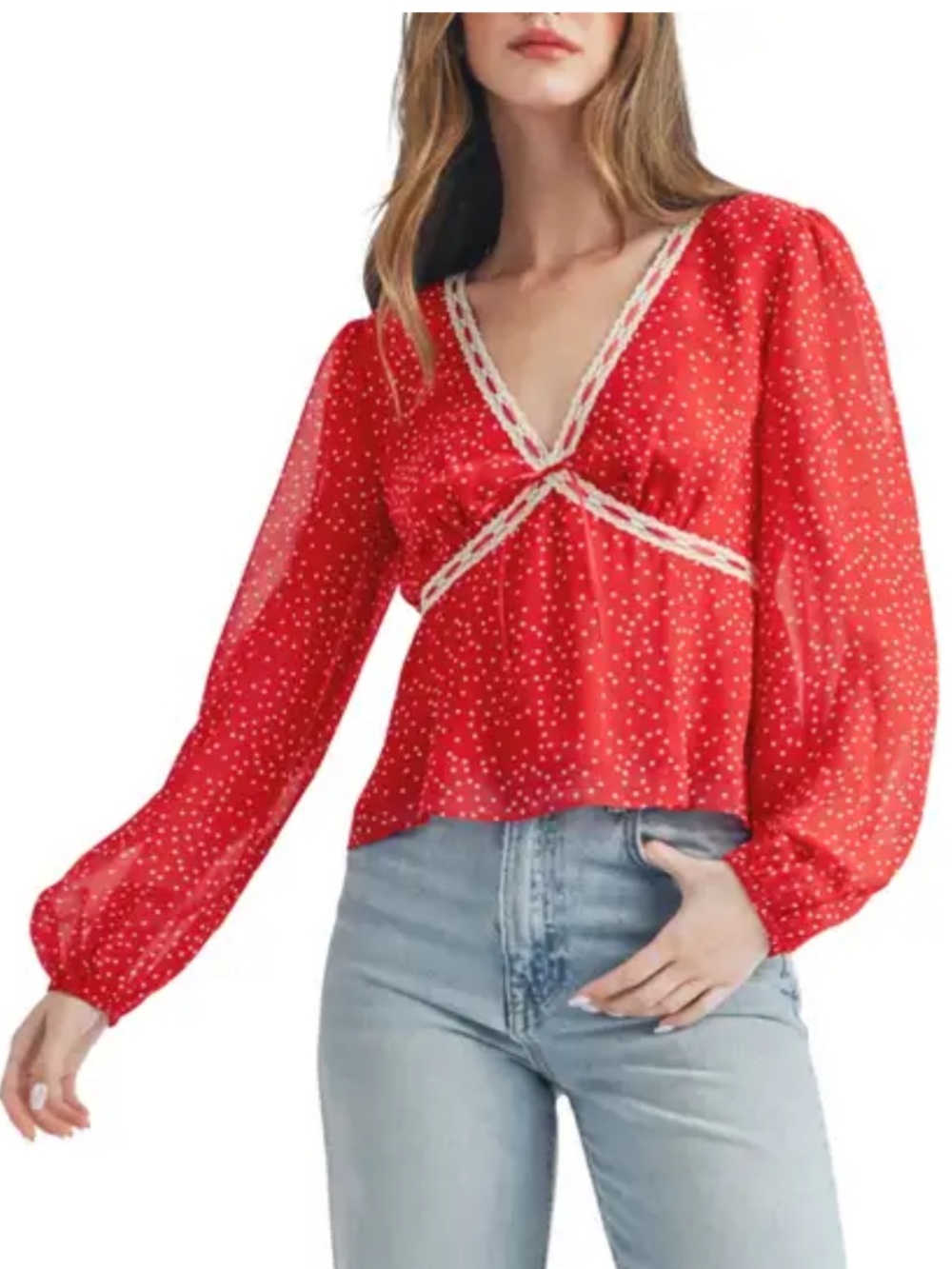 Lush Lace Trim Red Polka Dot V-Neck Long Sleeve Top, Size Small, NWT